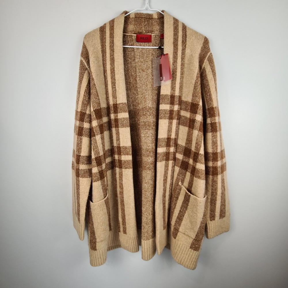 RED Brand Women Caramel Brown Open Front Long Knit Cardigan Sweater Medium Plaid